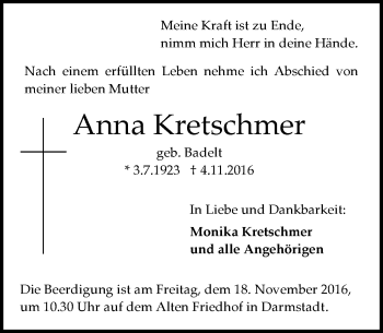 Traueranzeige von Anna Kretschmer von Trauerportal Echo Online