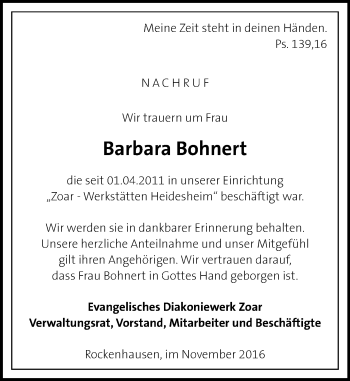 Traueranzeige von Barbara Bohnert von Trauerportal Rhein Main Presse
