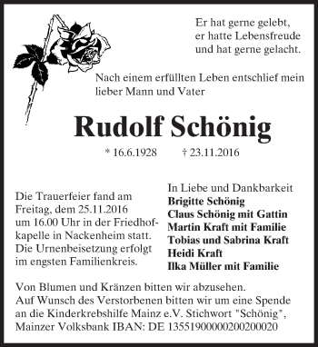 Traueranzeige von Rudolf Schönig von Trauerportal Rhein Main Presse