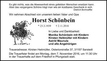 Traueranzeige von Horst Schönbein von Trauerportal Echo Online