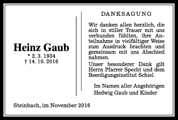 Traueranzeige von Heinz Gaub von  Gießener Anzeiger