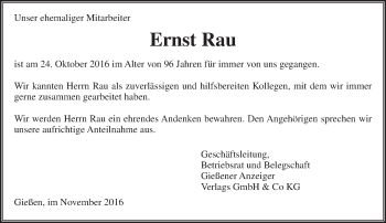 Traueranzeige von Ernst Rau von  Gießener Anzeiger