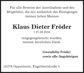 Traueranzeige von Klaus Dieter Fröder von Trauerportal Rhein Main Presse
