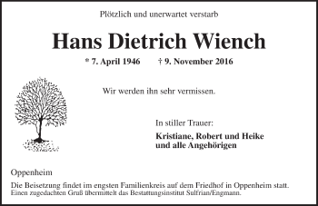 Traueranzeige von Hans Dietrich Wiench von Trauerportal Rhein Main Presse