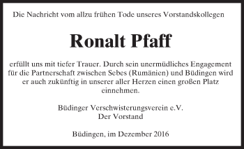 Traueranzeige von Ronalt Pfaff von  Kreisanzeiger