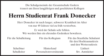 Traueranzeige von Frank Donecker von  Kreisanzeiger