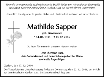 Traueranzeige von Mathilde Sapper von  Kreisanzeiger