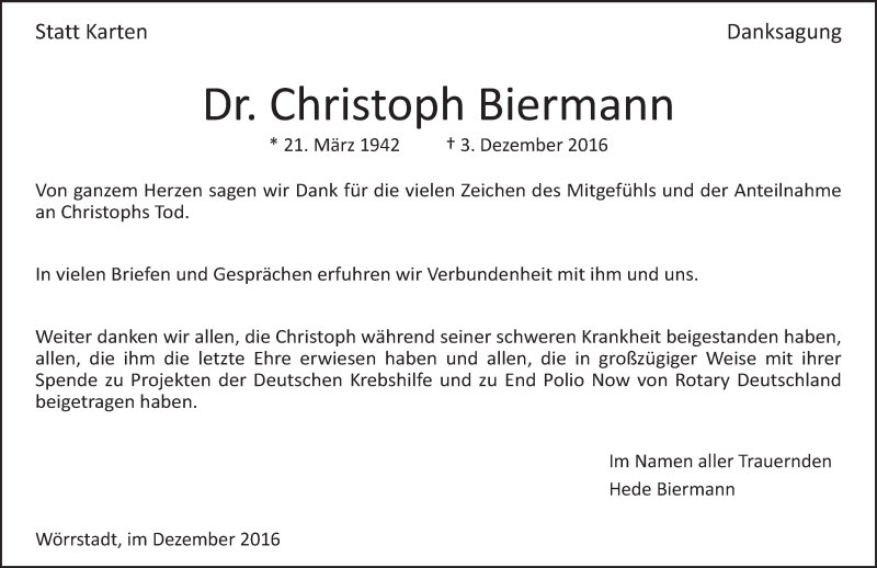  Traueranzeige für Christoph Biermann vom 20.12.2016 aus Trauerportal Rhein Main Presse