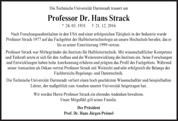 Traueranzeige von Hans Strack von Trauerportal Echo Online