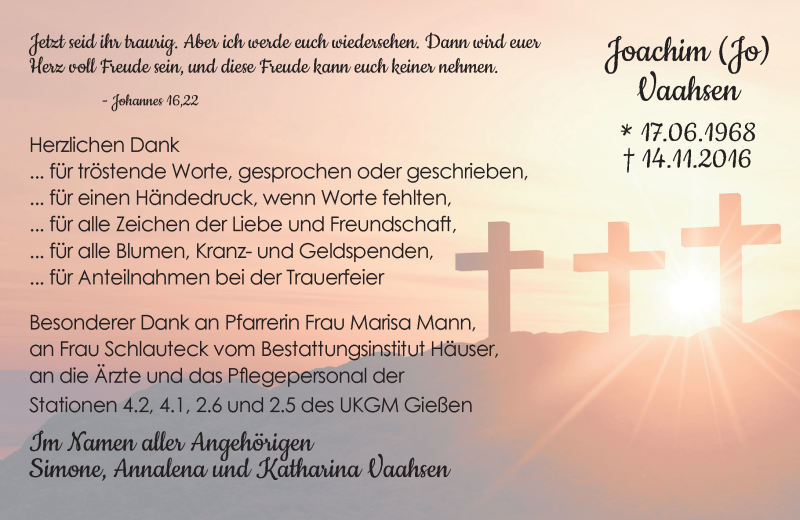  Traueranzeige für Joachim Vaahsen vom 17.12.2016 aus  Gießener Anzeiger