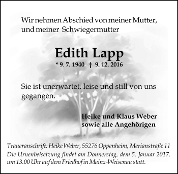 Traueranzeige von Edith Lapp von Trauerportal Rhein Main Presse