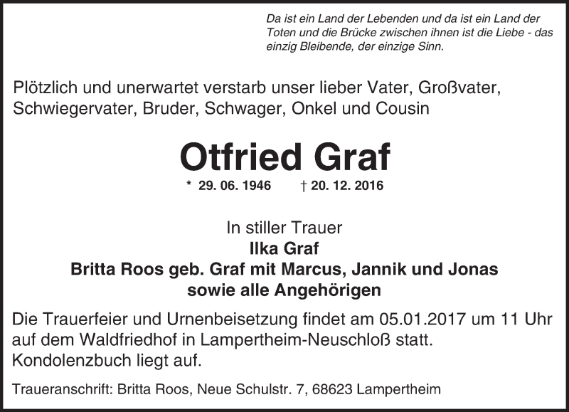  Traueranzeige für Otfried Graf vom 31.12.2016 aus Trauerportal Echo Online