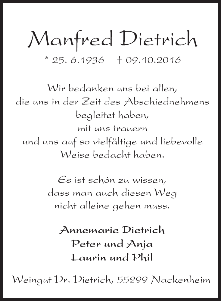  Traueranzeige für Manfred Dietrich vom 24.12.2016 aus Trauerportal Rhein Main Presse