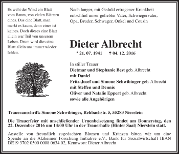 Traueranzeige von Dieter Albrecht von Trauerportal Rhein Main Presse