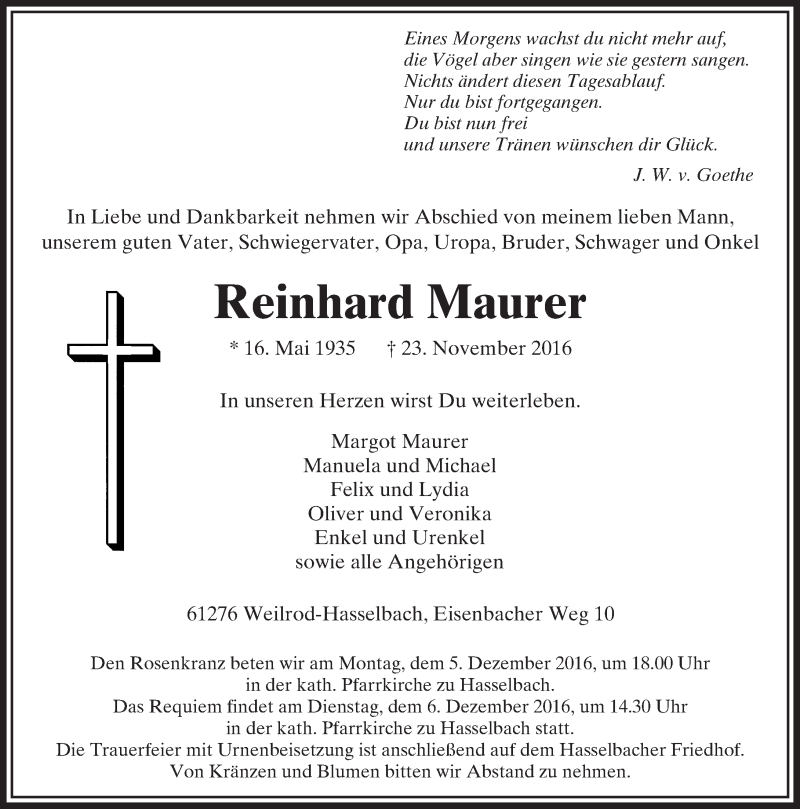  Traueranzeige für Reinhard Maurer vom 01.12.2016 aus  Camberger Anzeiger