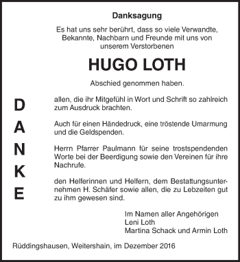 Traueranzeige von Hugo Loth von  Gießener Anzeiger