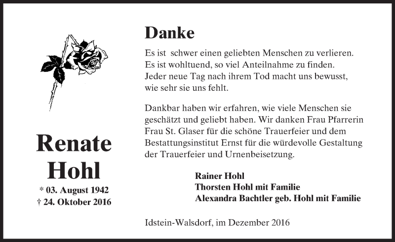  Traueranzeige für Renate Hohl vom 08.12.2016 aus  Camberger Anzeiger
