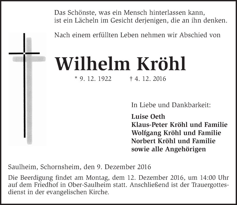  Traueranzeige für Wilhelm Kröhl vom 09.12.2016 aus Trauerportal Rhein Main Presse