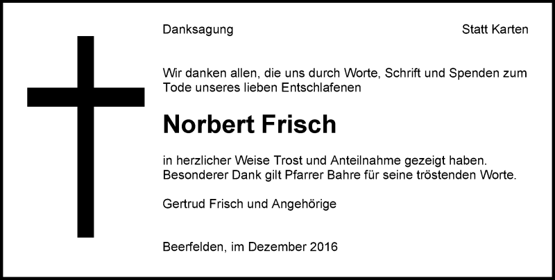  Traueranzeige für Norbert Frisch vom 23.12.2016 aus Trauerportal Echo Online