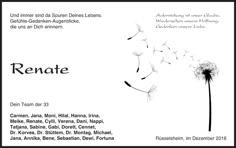  Traueranzeige für Renate  vom 10.12.2016 aus Trauerportal Rhein Main Presse