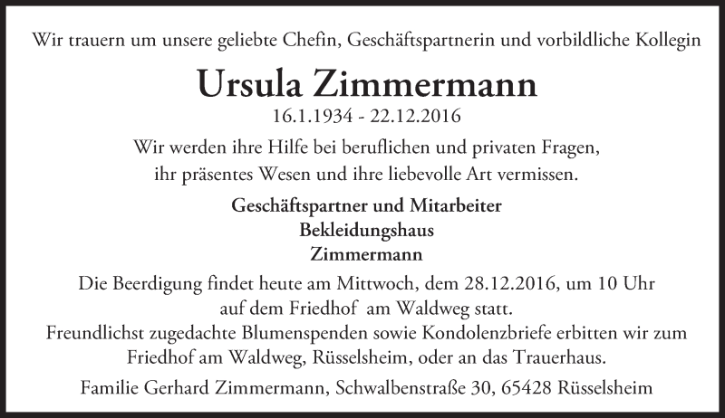  Traueranzeige für Ursula Zimmermann vom 28.12.2016 aus Trauerportal Rhein Main Presse
