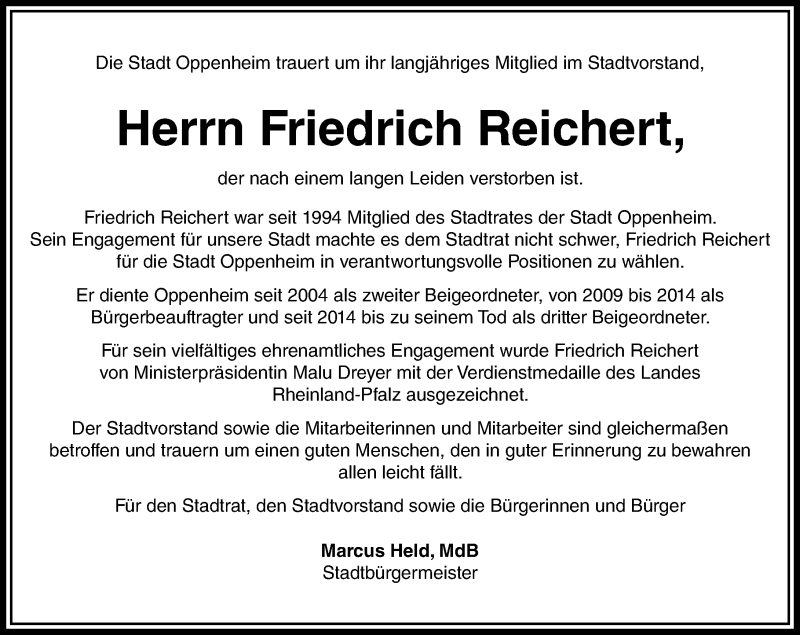  Traueranzeige für Friedrich Reichert vom 23.12.2016 aus Trauerportal Rhein Main Presse
