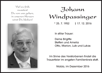 Traueranzeige von Johann Windpassinger von  Kreisanzeiger