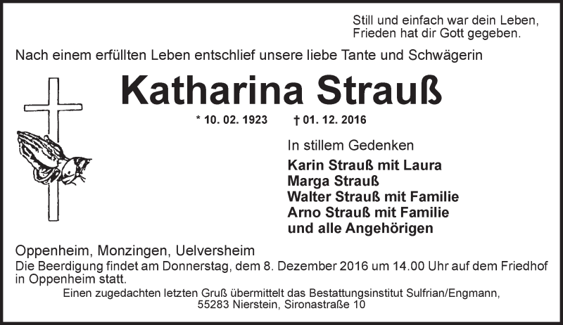  Traueranzeige für Katharina Strauß vom 03.12.2016 aus Trauerportal Rhein Main Presse