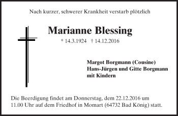 Traueranzeige von Marianne Blessing von Trauerportal Rhein Main Presse