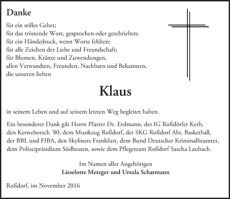  Traueranzeige für Klaus  vom 03.12.2016 aus Trauerportal Echo Online