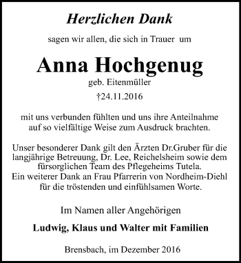 Traueranzeige von Anna Hochgenug von Trauerportal Echo Online