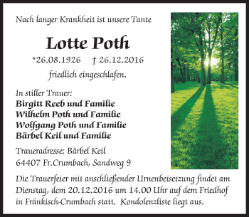 Traueranzeige von Lotte Poth von Trauerportal Echo Online
