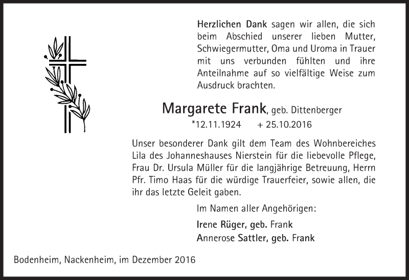  Traueranzeige für Margarete Frank vom 10.12.2016 aus Trauerportal Rhein Main Presse