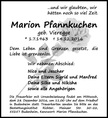 Traueranzeige von Marion Pfannkuchen von Trauerportal Rhein Main Presse