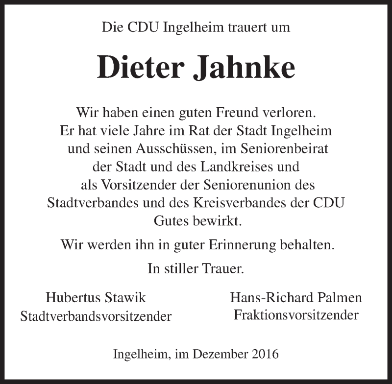  Traueranzeige für Dieter Jahnke vom 16.12.2016 aus Trauerportal Rhein Main Presse