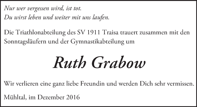  Traueranzeige für Ruth Grabow vom 07.12.2016 aus Trauerportal Echo Online