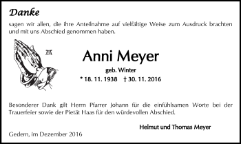 Traueranzeige von Anni Meyer von  Kreisanzeiger
