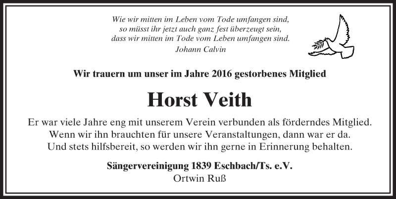  Traueranzeige für Horst Veith vom 31.12.2016 aus  Usinger Anzeiger