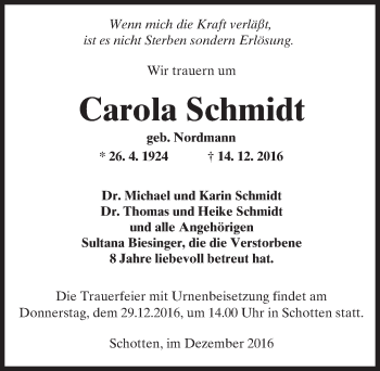 Traueranzeige von Carola Schmidt von  Kreisanzeiger