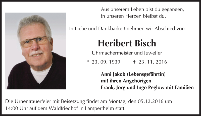  Traueranzeige für Heribert Bisch vom 02.12.2016 aus Trauerportal Echo Online