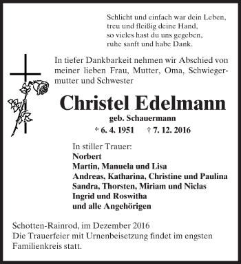 Traueranzeige von Christel Edelmann von  Kreisanzeiger