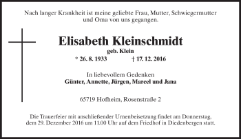 Traueranzeige von Elisabeth Kleinschmidt von Trauerportal Rhein Main Presse