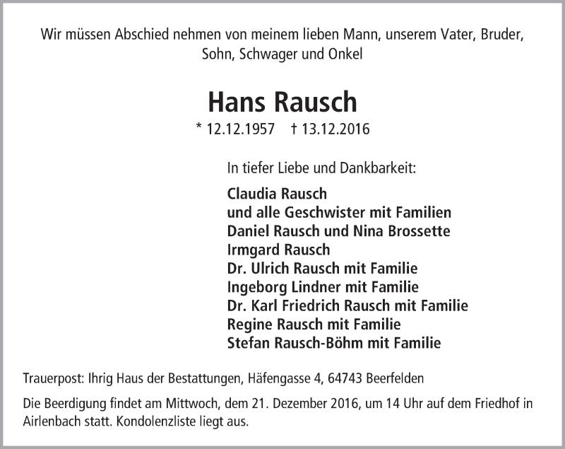  Traueranzeige für Hans Rausch vom 17.12.2016 aus Trauerportal Echo Online