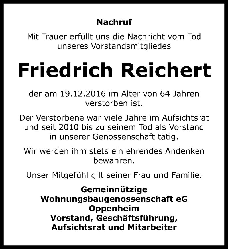  Traueranzeige für Friedrich Reichert vom 23.12.2016 aus Trauerportal Rhein Main Presse