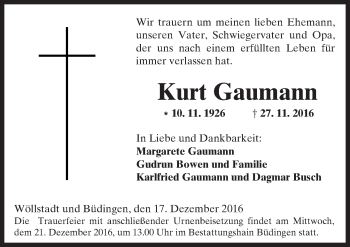 Traueranzeige von Kurt Gaumann von  Kreisanzeiger