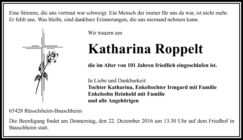  Traueranzeige für Katharina Roppelt vom 19.12.2016 aus Trauerportal Echo Online