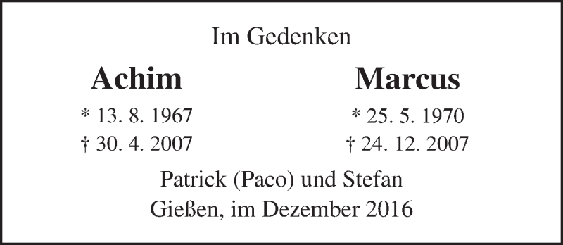  Traueranzeige für Achim und Marcus  vom 24.12.2016 aus  Gießener Anzeiger
