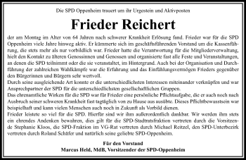 Traueranzeige von Friedrich Reichert von Trauerportal Rhein Main Presse