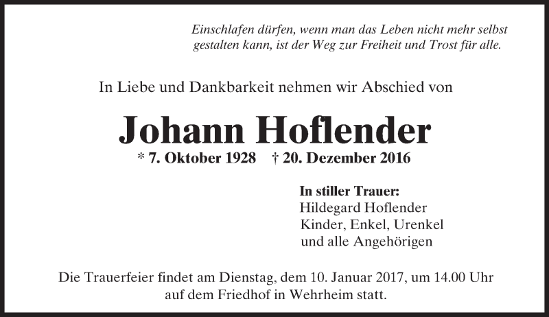  Traueranzeige für Johann Hoflender vom 31.12.2016 aus  Usinger Anzeiger