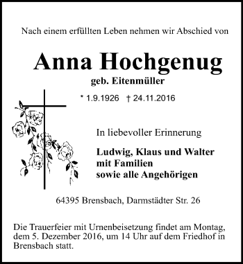 Traueranzeige von Anna Hochgenug von Trauerportal Echo Online